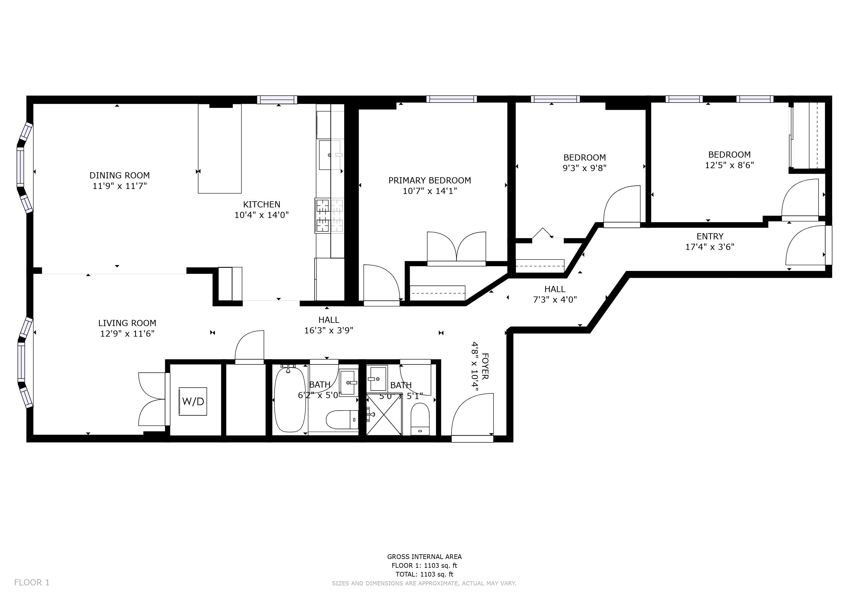 Floor plan for 3 beds, 1 bath, 1054 sqft
